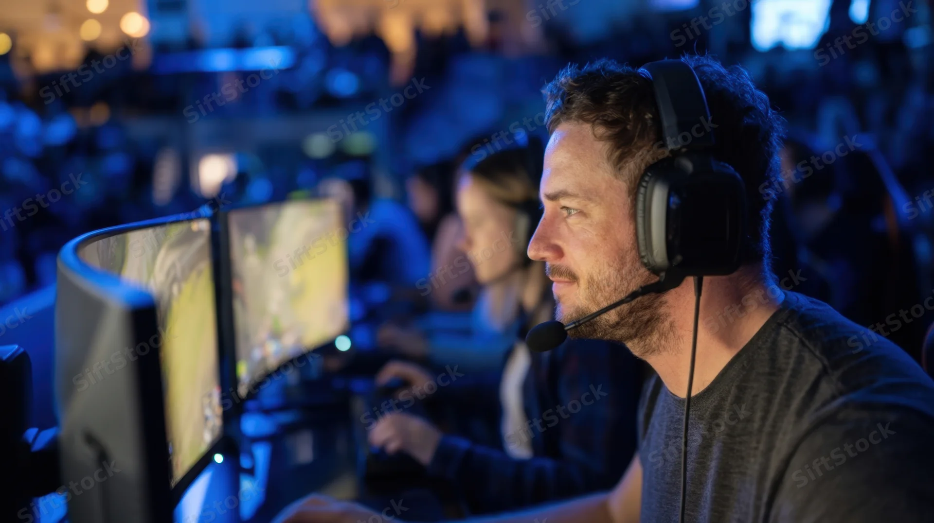 Man wearing headset focused on computer monitor during esports tournament