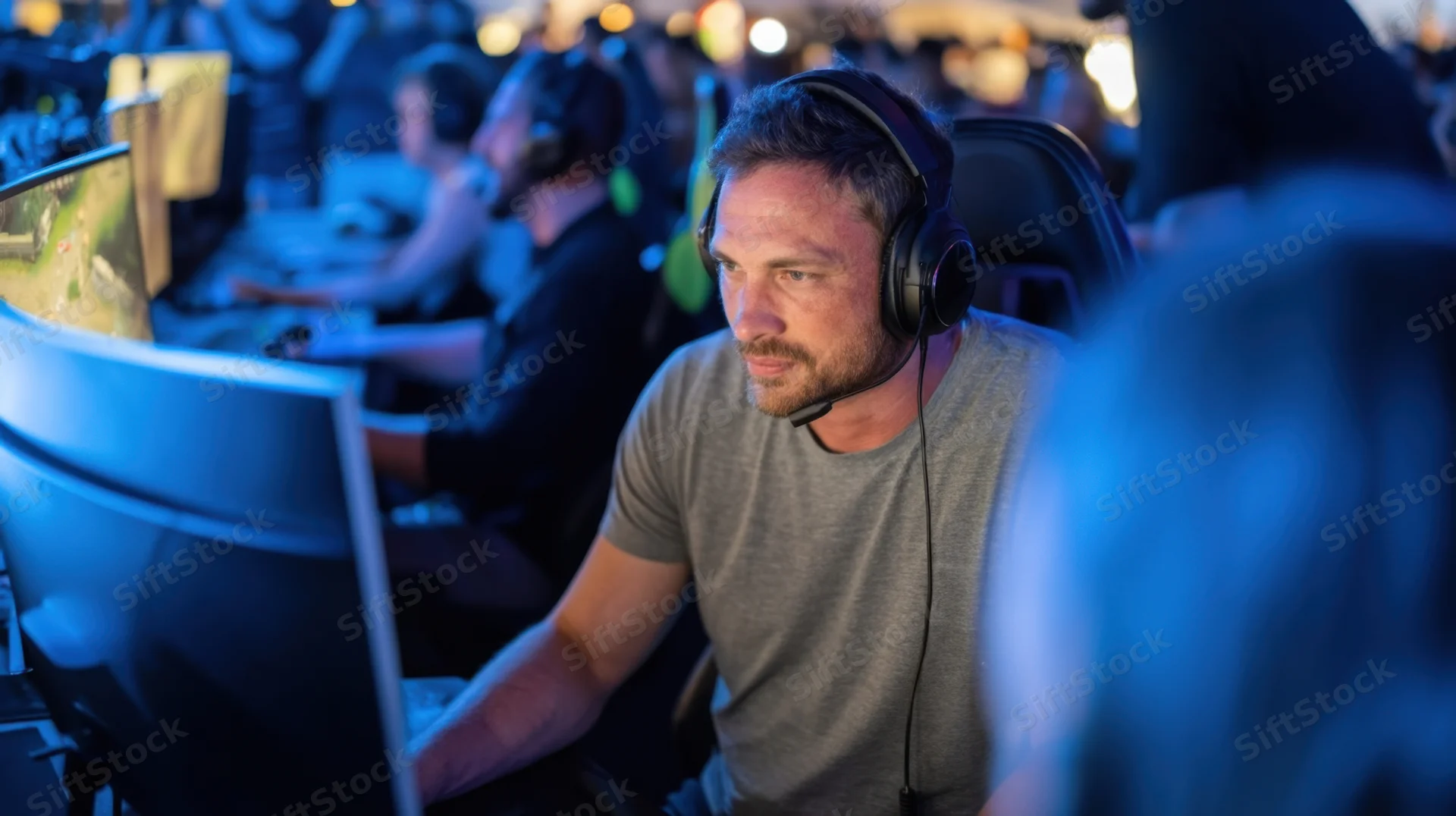 Man wearing headset focused on computer screen during gaming tournament