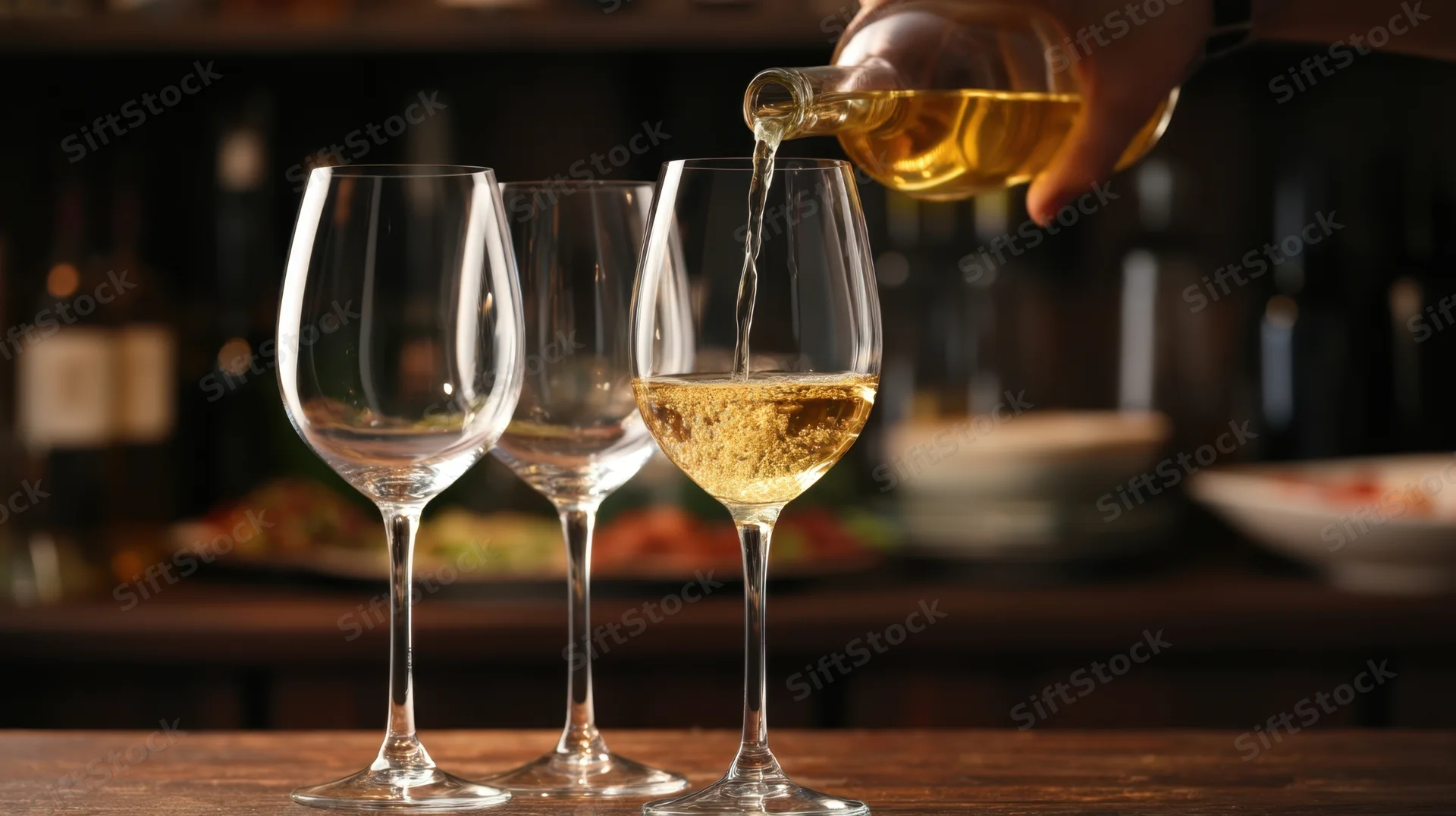 Hand pouring white wine into a glass at a bar with two empty glasses on a wooden table