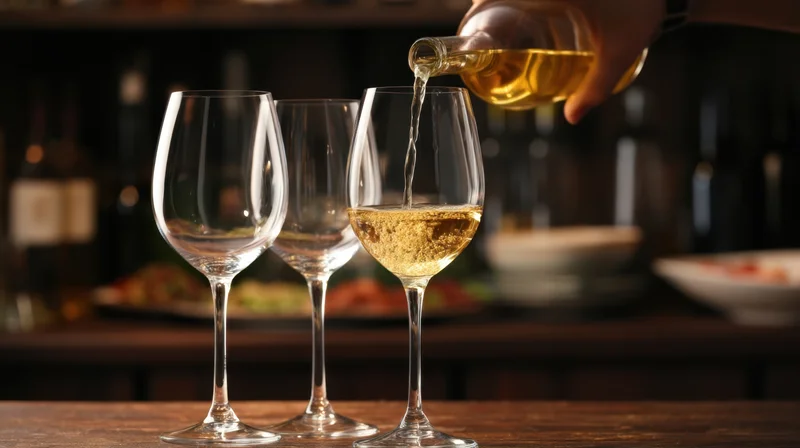 Hand pouring white wine into a glass at a bar with two empty glasses on a wooden table