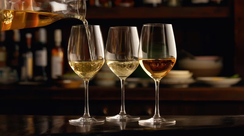 Amber liquid being poured from a decanter into three wine glasses on a dark wooden bar counter