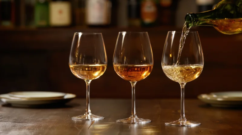 Wine being poured into a glass on a wooden table in a dimly lit bar
