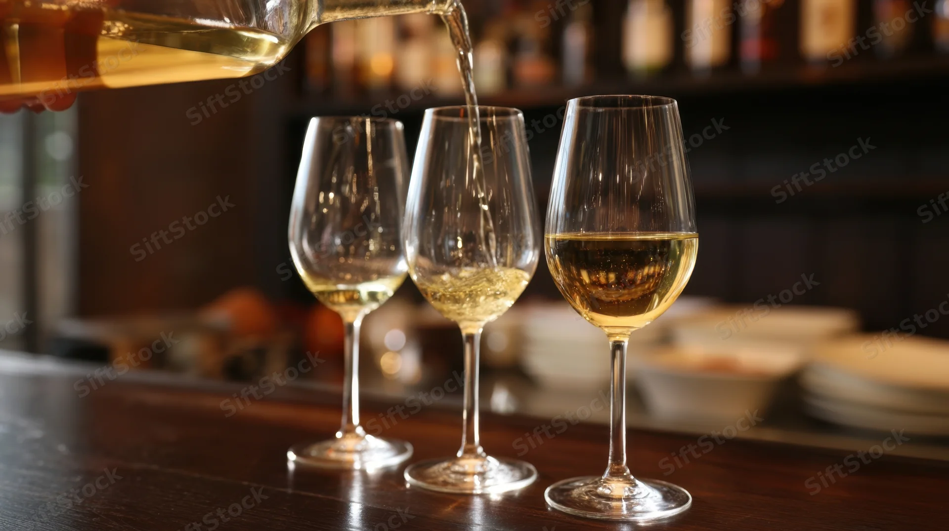 White wine being poured into three glasses on a bar counter