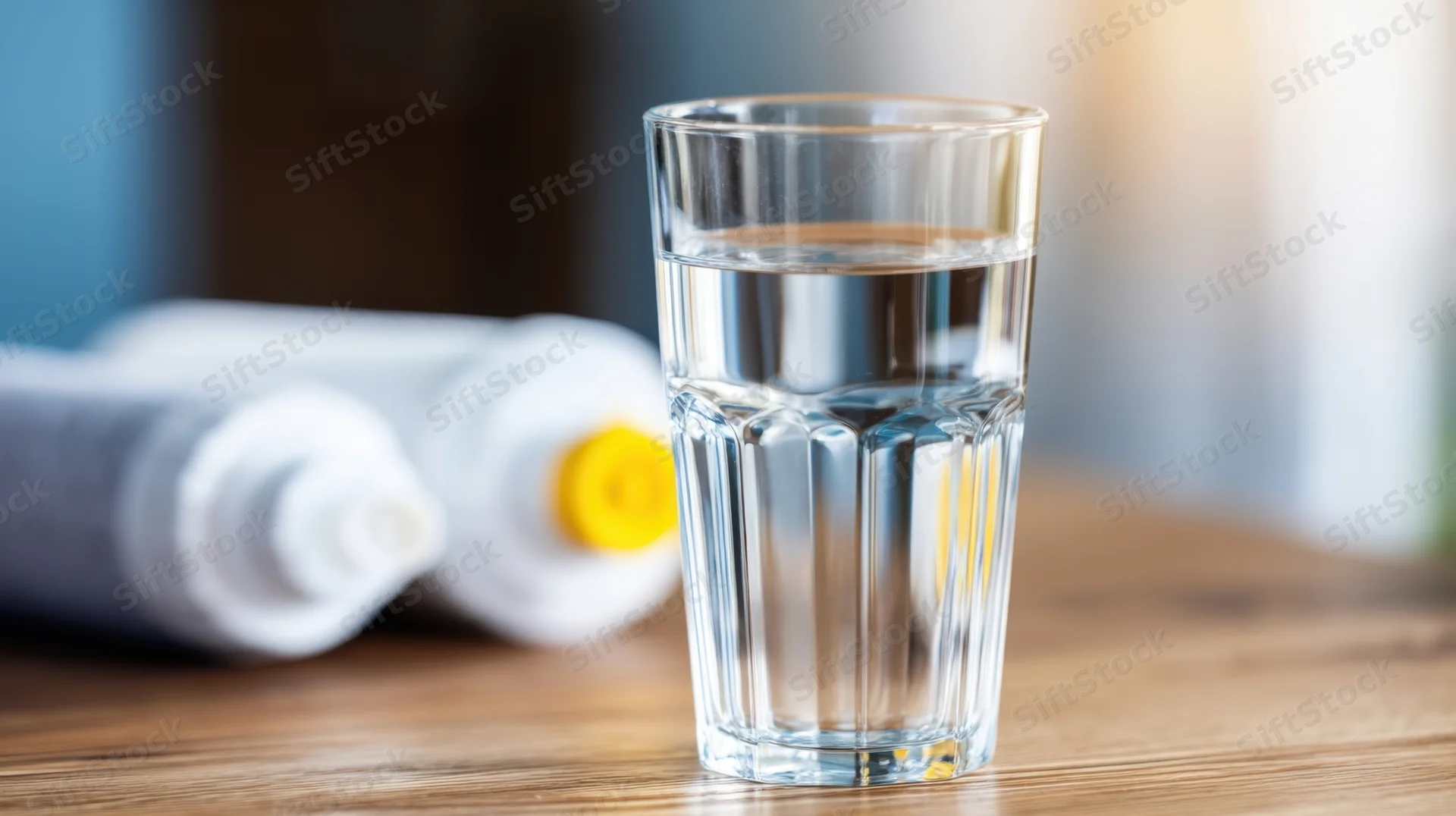 Glass of water on wooden table with toothpaste tube in background