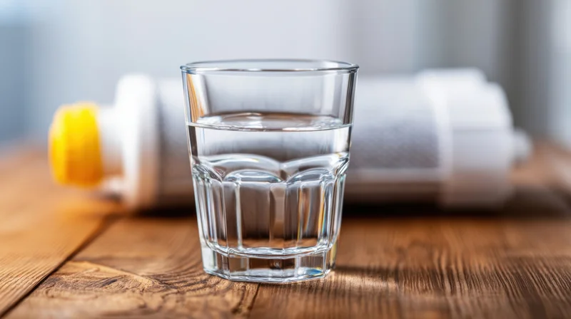 Glass of water on wooden table with towel and bottle in background