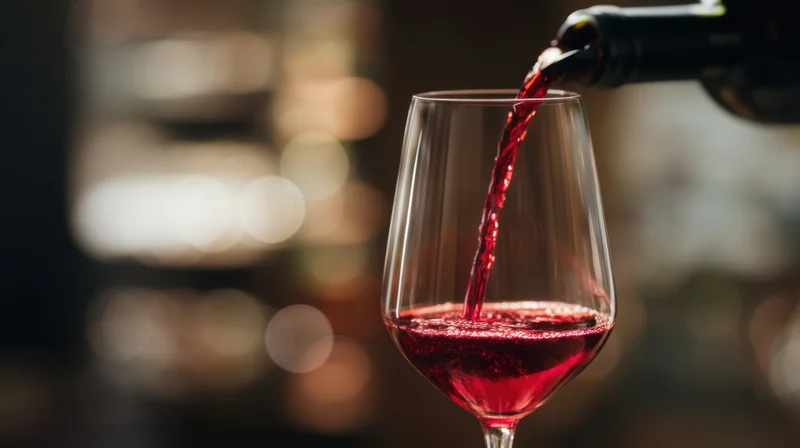 Red wine being poured from a bottle into a glass at a dimly lit bar
