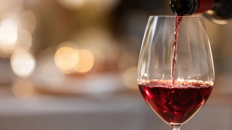 Red wine being poured into a glass from a bottle in a warm, softly lit setting