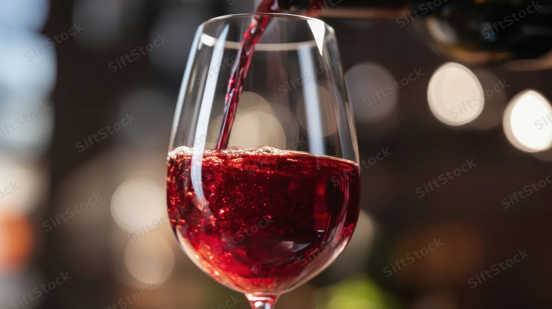 Red wine being poured into a glass at a bar