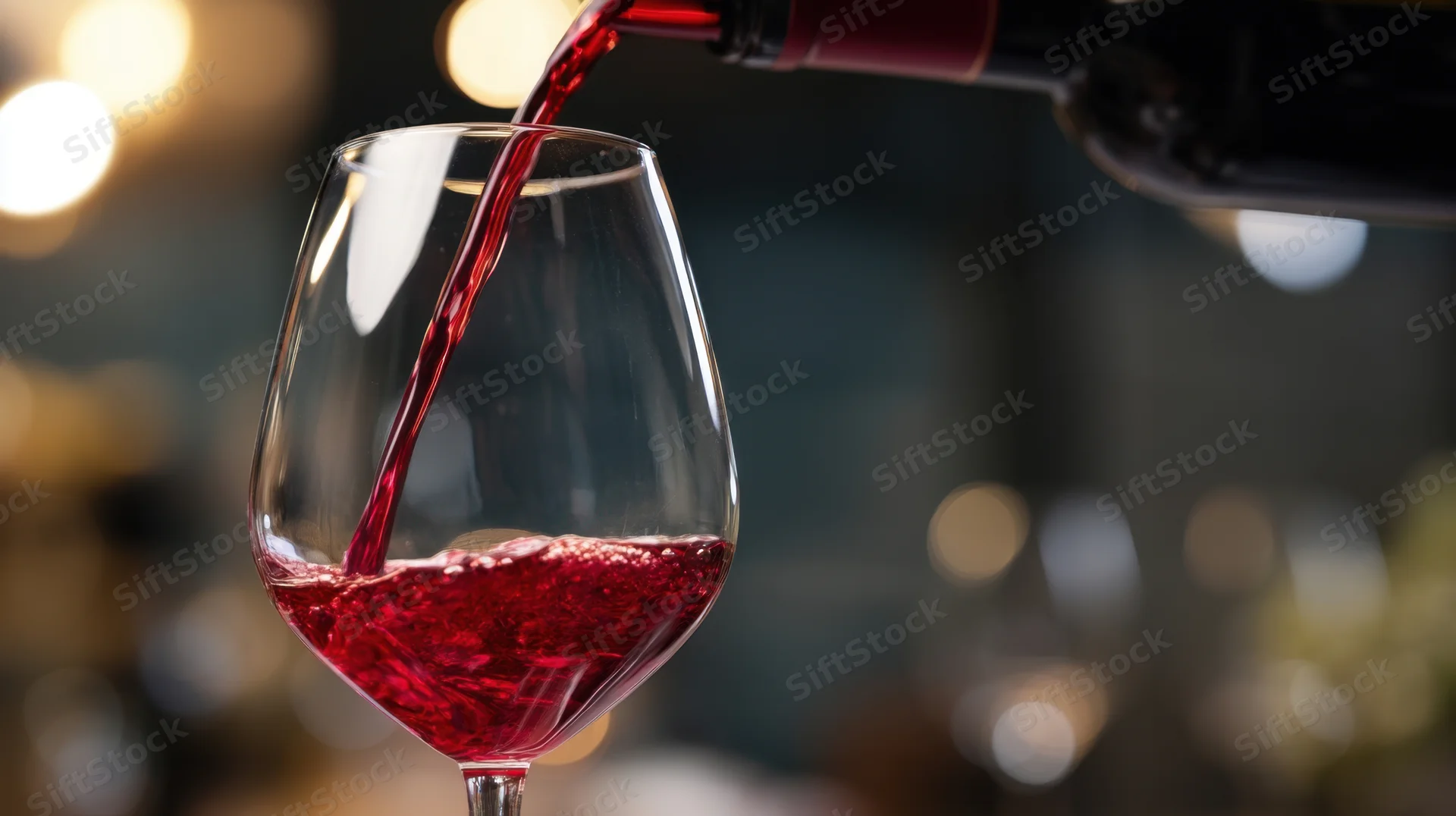 Red wine being poured into a glass at a bar