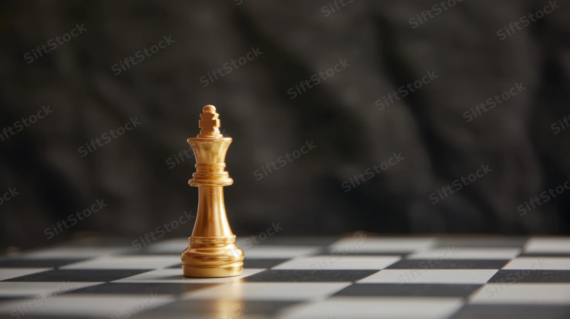 Golden chess king standing on a checkered board with dark background