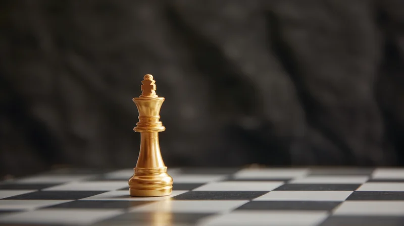 Golden chess king standing on a checkered board with dark background
