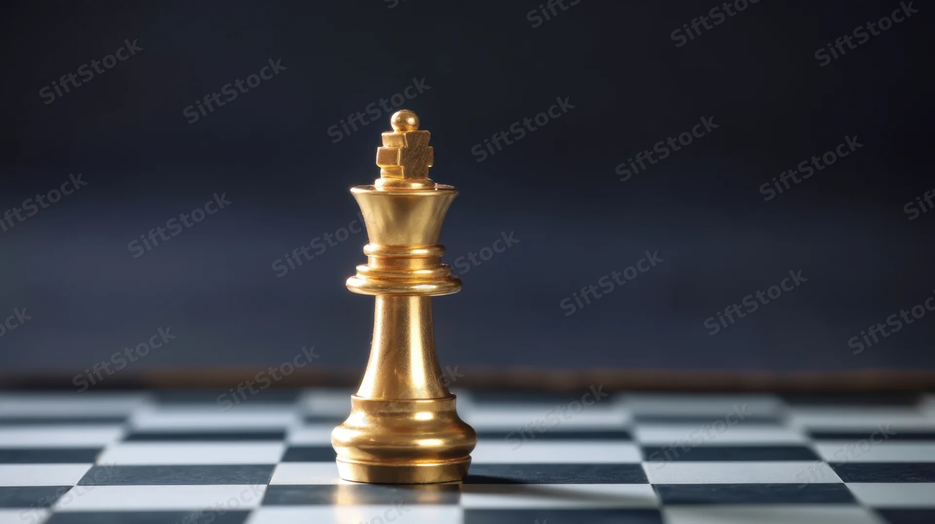 Golden chess king standing on a checkered board against a dark background