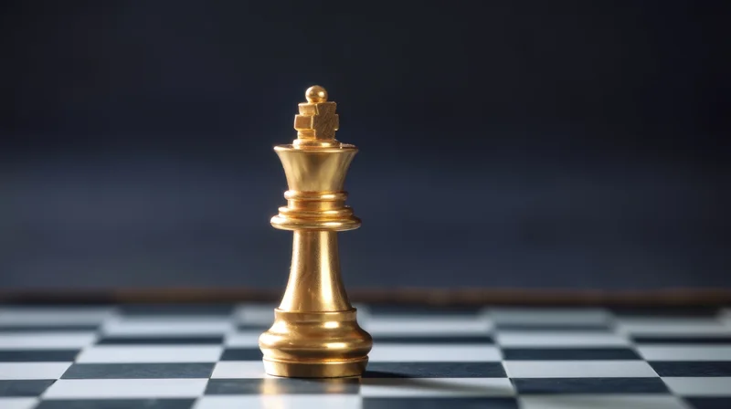 Golden chess king standing on a checkered board against a dark background