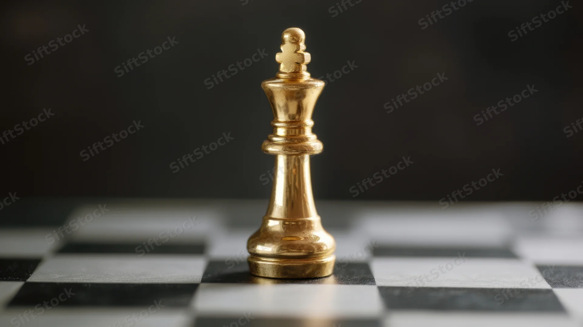 Golden chess king standing on a checkered board against dark background