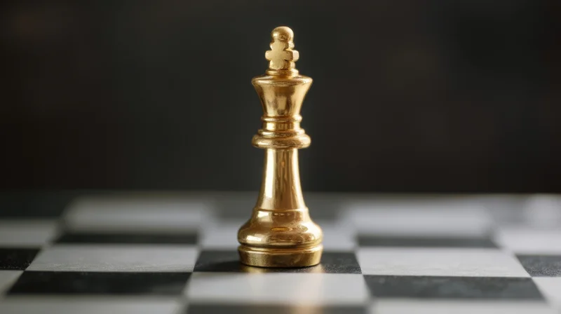 Golden chess king standing on a checkered board against dark background
