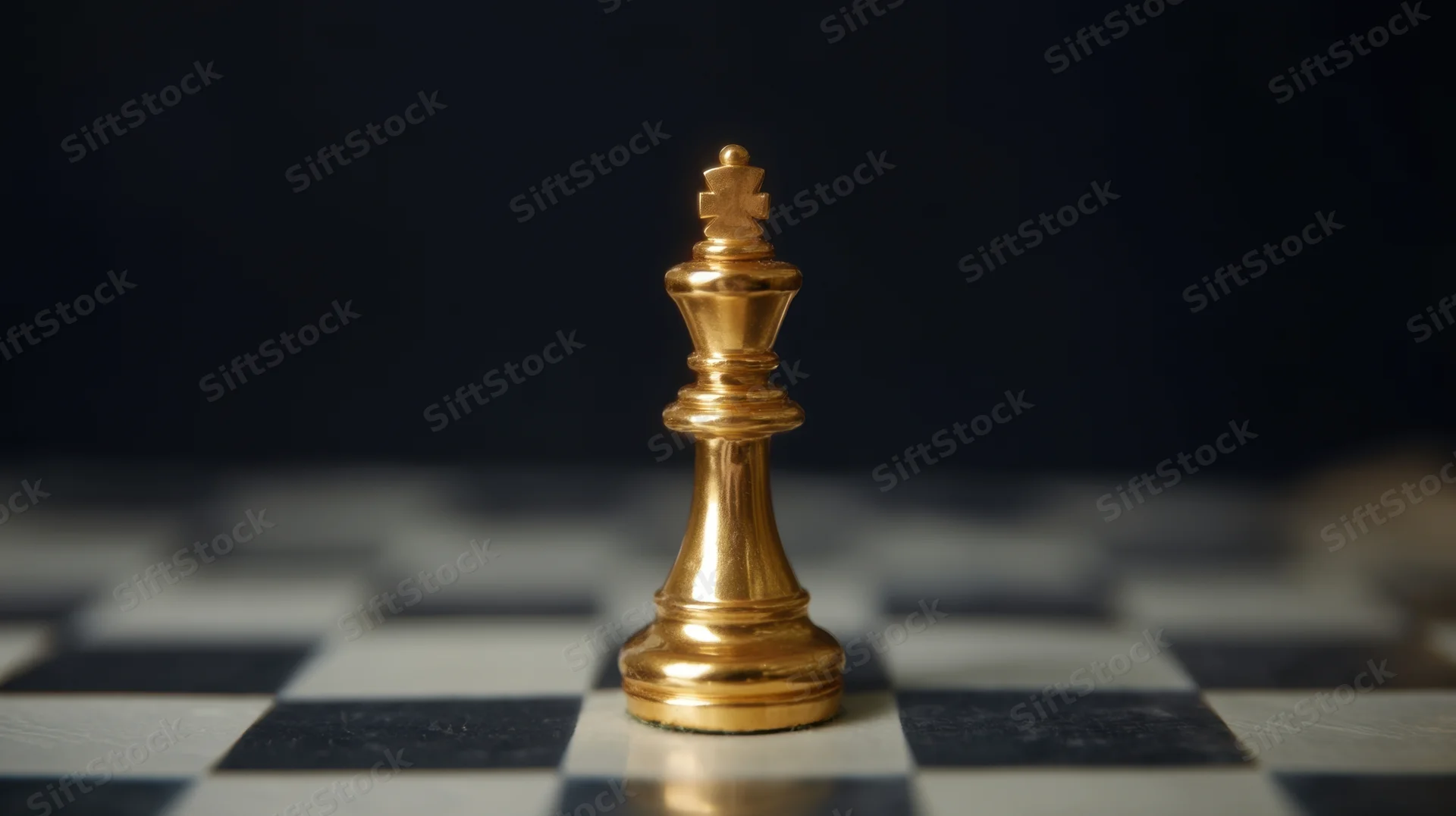 Golden chess king standing on a checkered board against a dark background