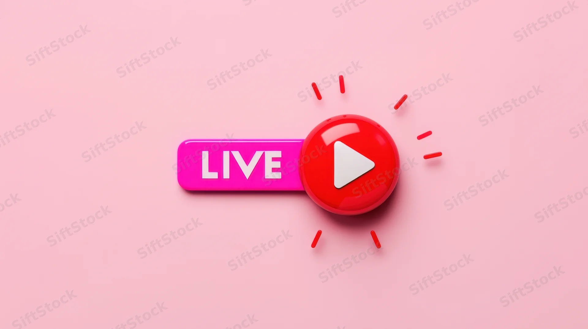 Red play button with live label on pink background