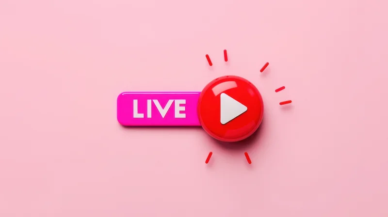 Red play button with live label on pink background