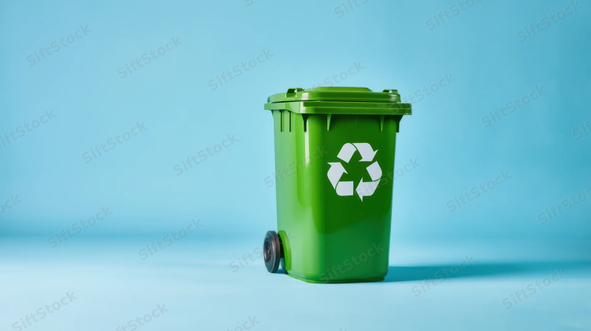 Green recycling bin with white symbol on blue background
