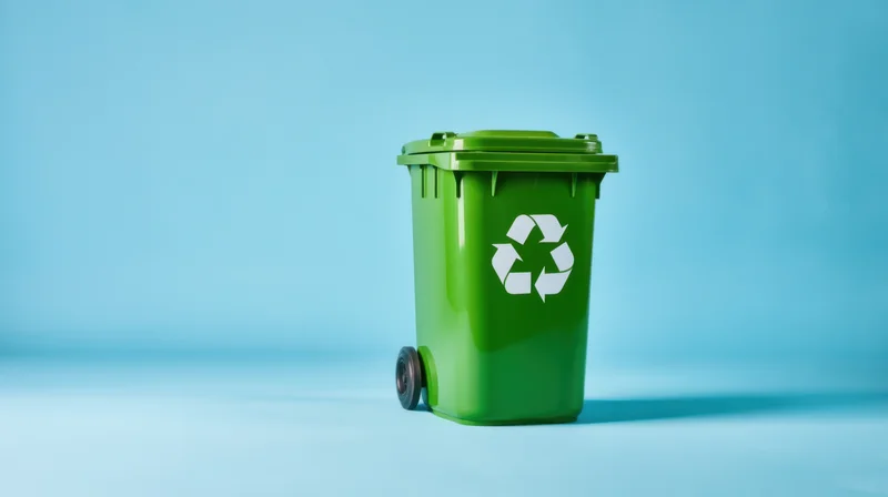 Green recycling bin with white symbol on blue background