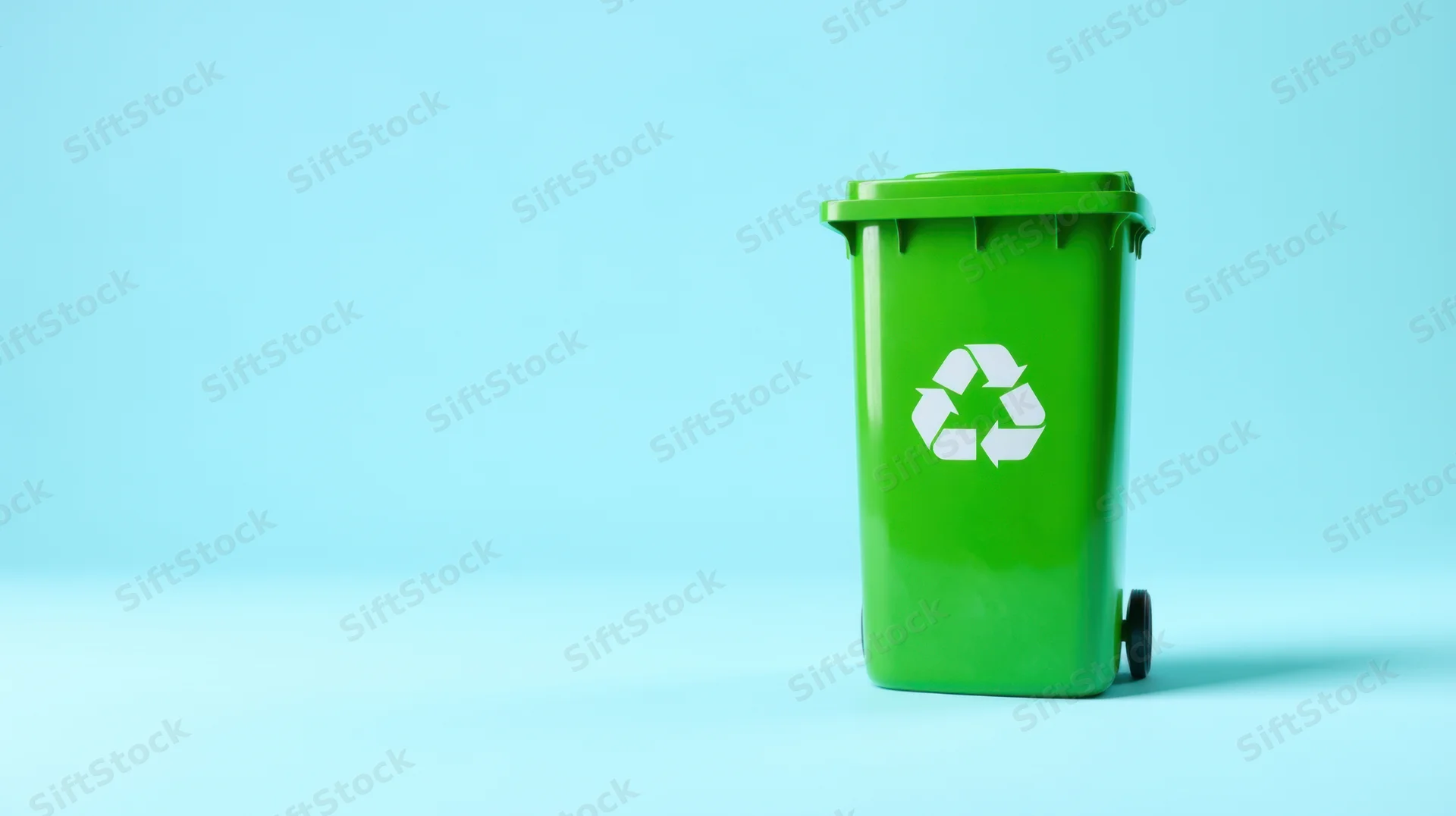 Green recycling bin with white symbol on blue background