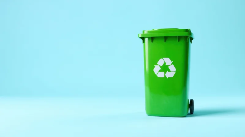 Green recycling bin with white symbol on blue background