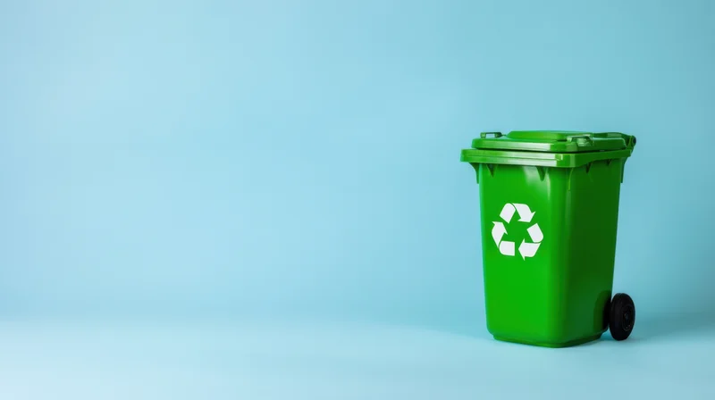 Green recycling bin with white symbol on blue background