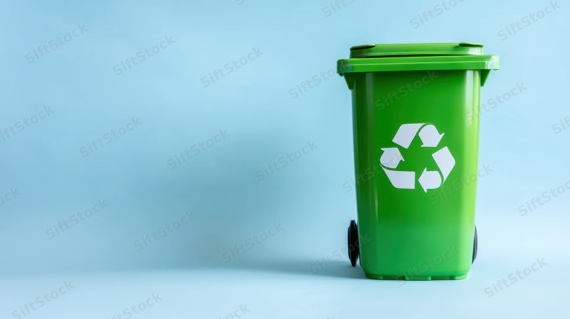 Green recycling bin with white symbol on blue background