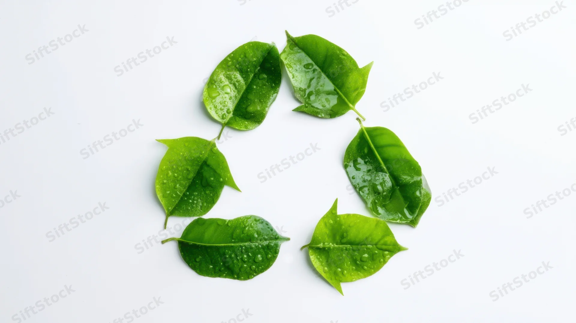 Green leaves arranged in a recycling symbol on white background