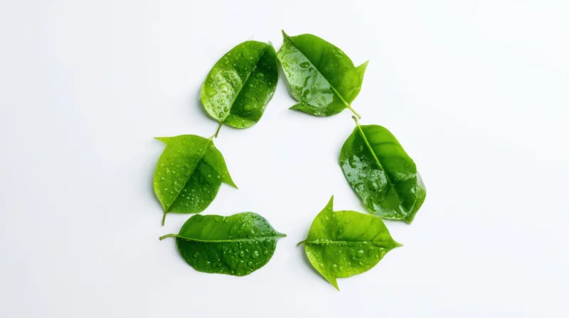 Green leaves arranged in a recycling symbol on white background