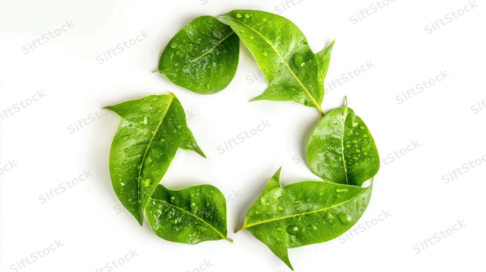 Green leaves arranged in recycling symbol shape on white background