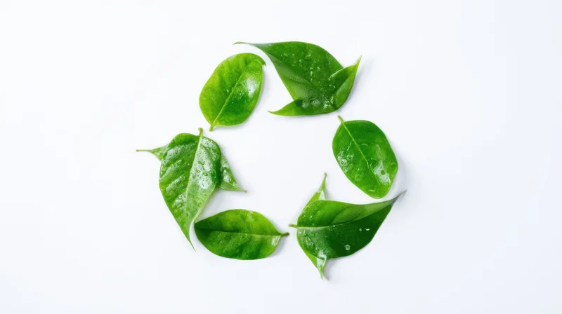 Green leaves arranged in a recycling symbol shape on white background