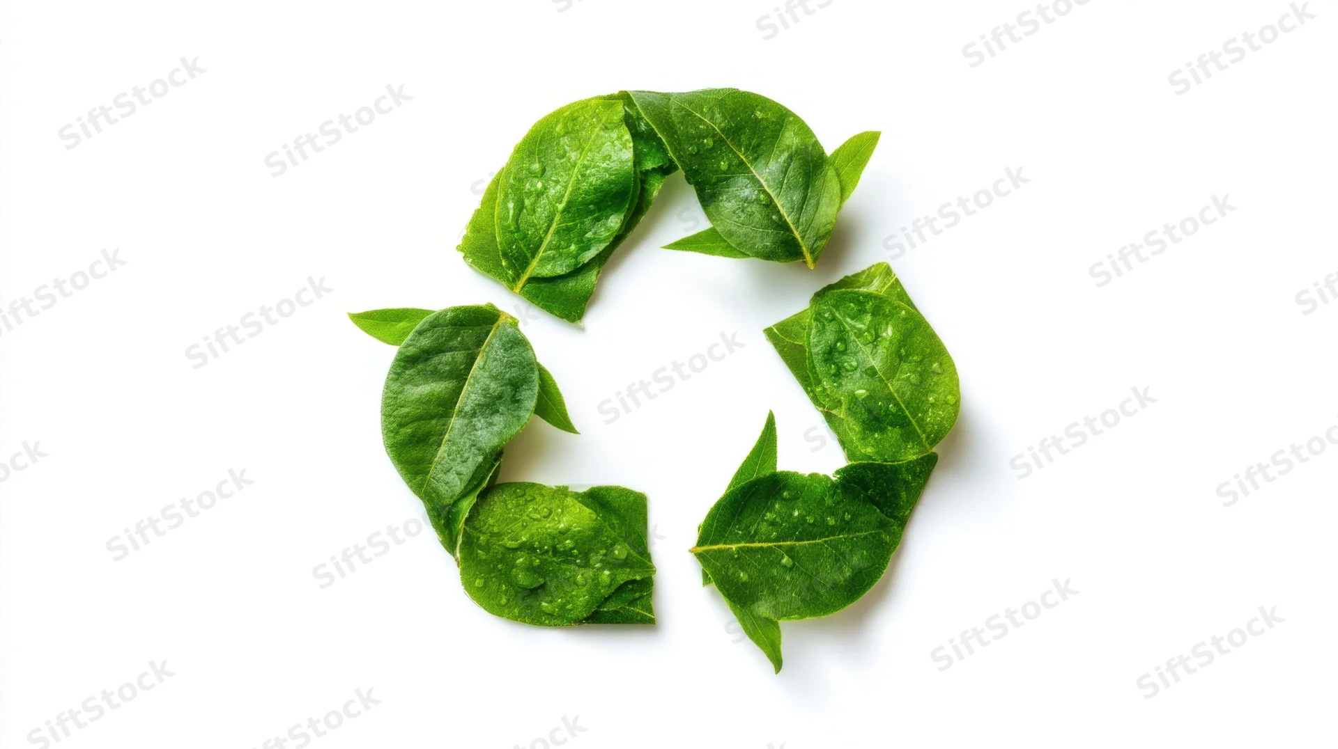 Green leaves arranged in a recycling symbol on white background