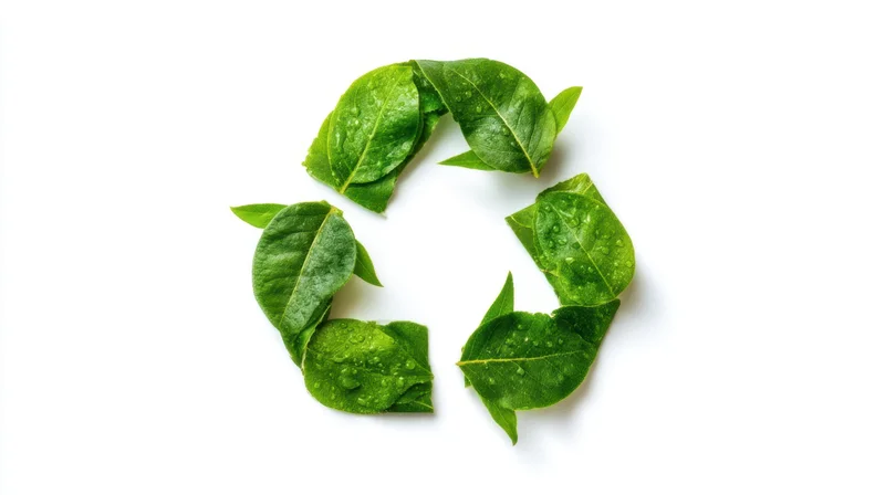 Green leaves arranged in a recycling symbol on white background