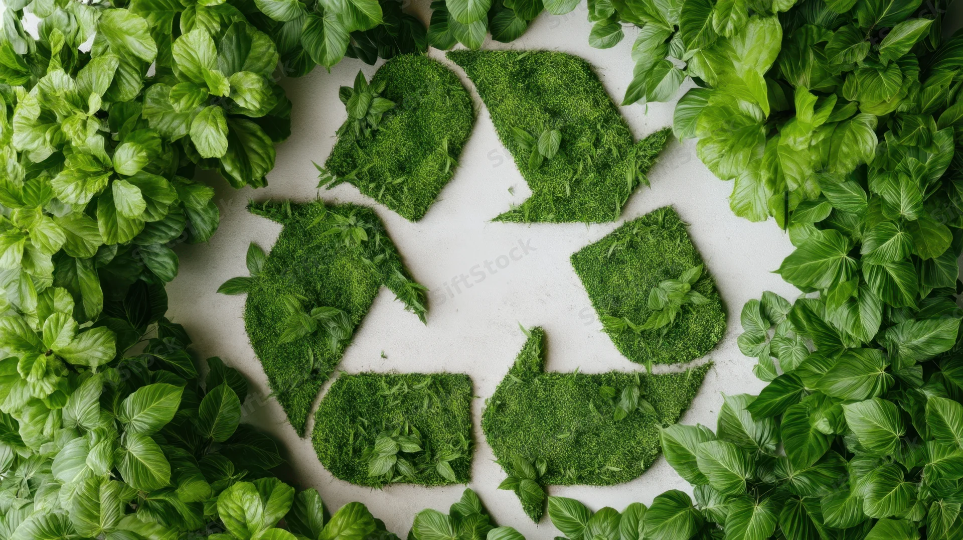 Recycling symbol made of green moss and leaves surrounded by foliage on a light surface