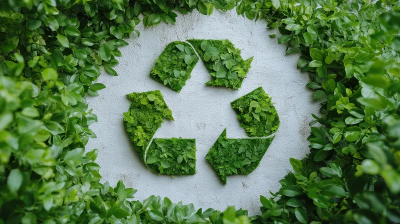 Recycling symbol made of green leaves on a white wall surrounded by foliage