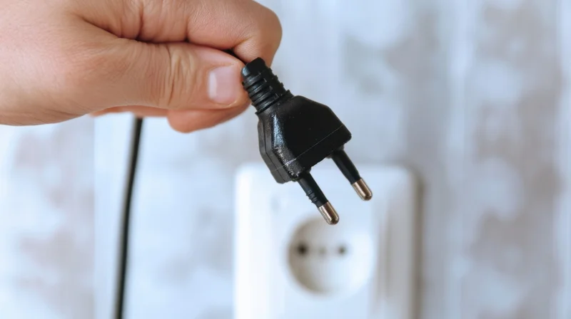 Hand holding black two-prong electrical plug near white wall socket