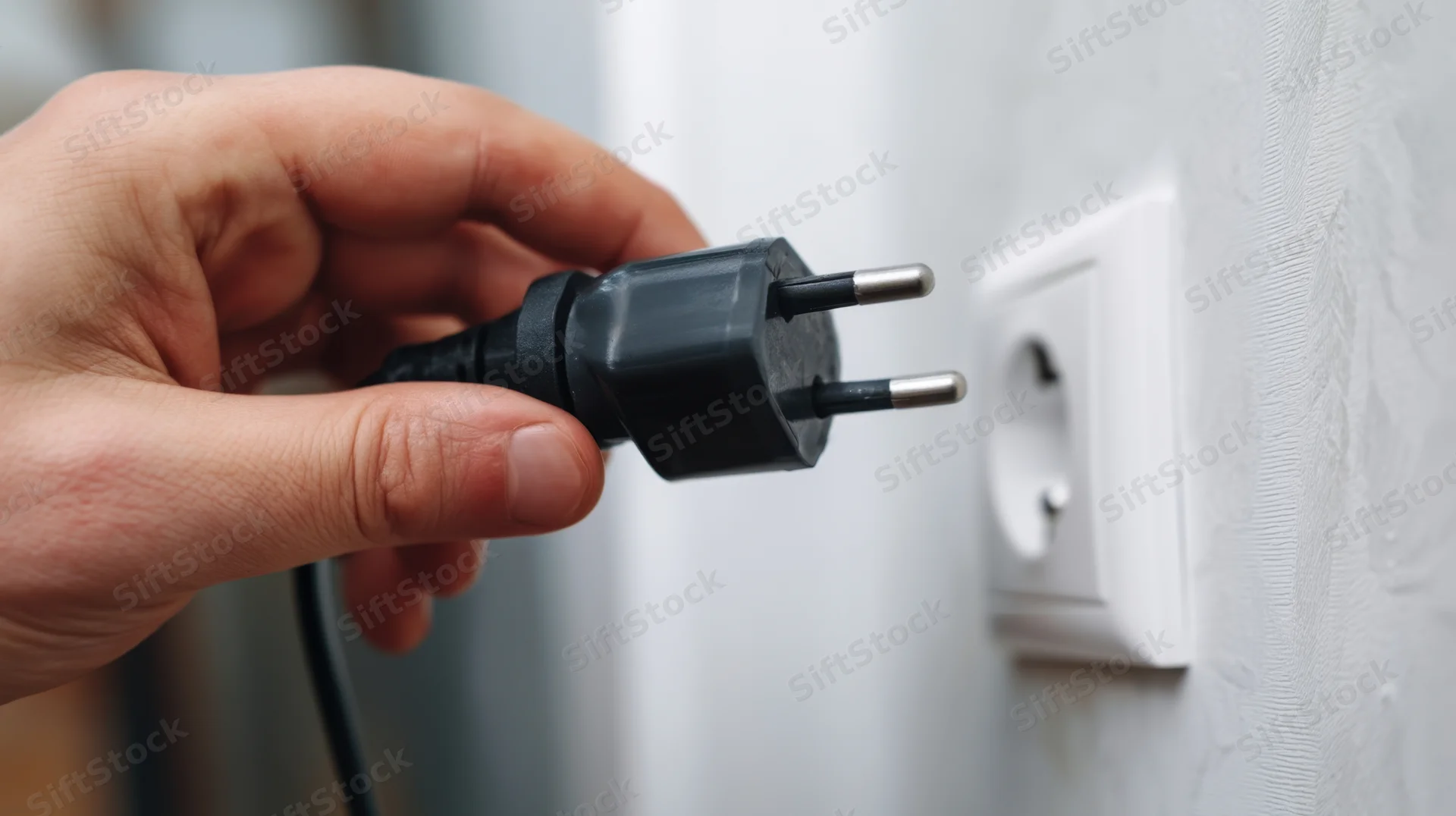 Hand holding black electrical plug near white wall socket