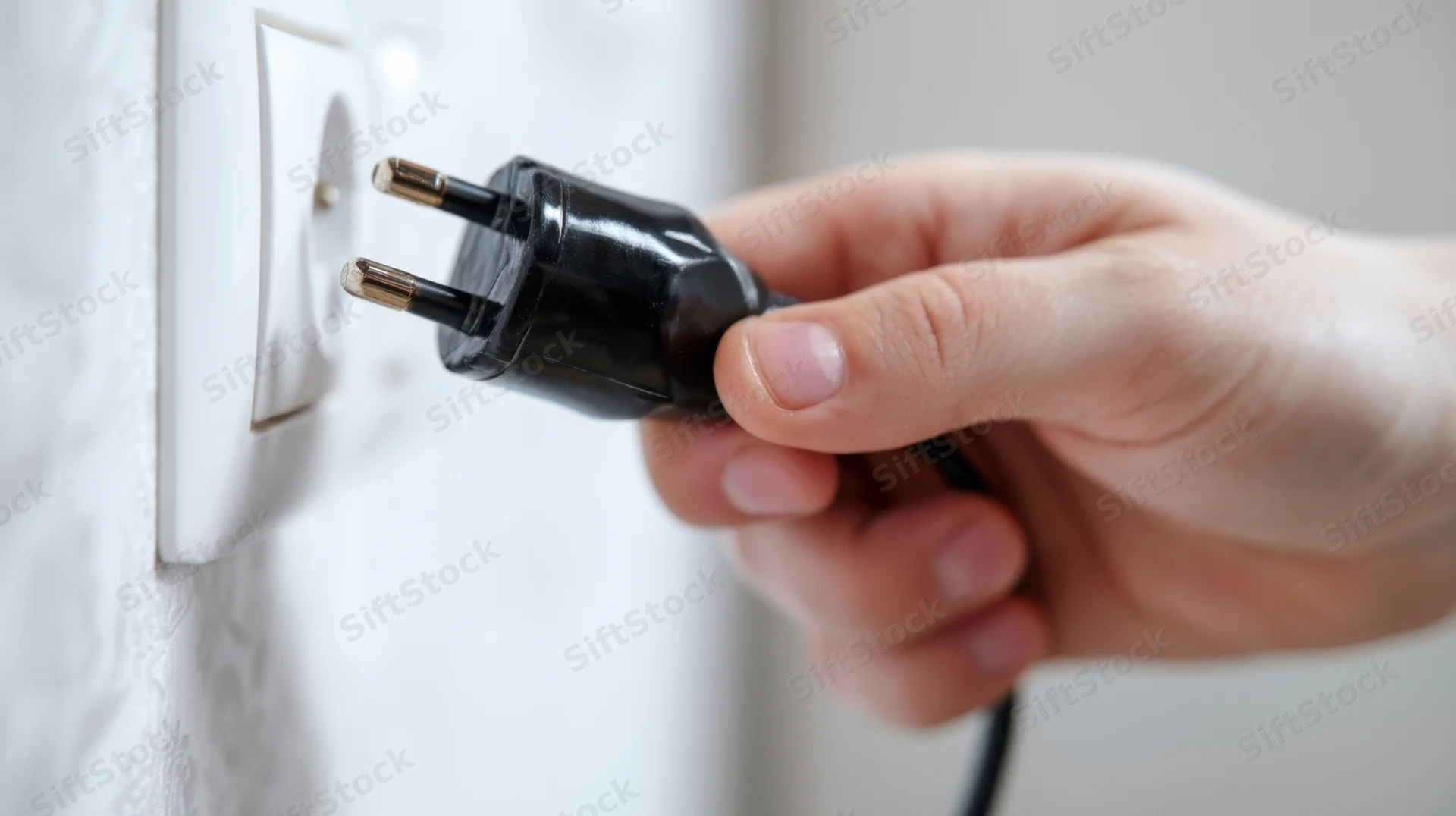 Hand inserting black electrical plug into white wall socket
