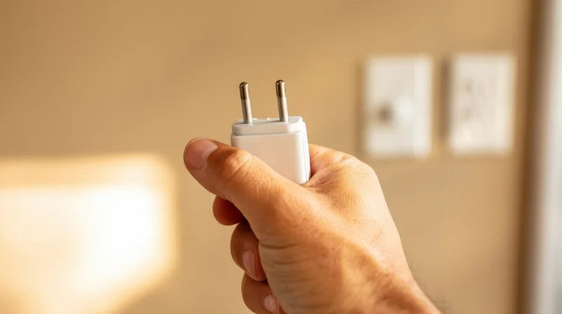 Hand holding a white electrical plug near a wall socket indoors