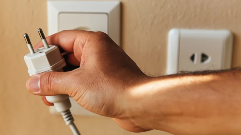 Hand inserting a white electrical plug into a wall socket indoors