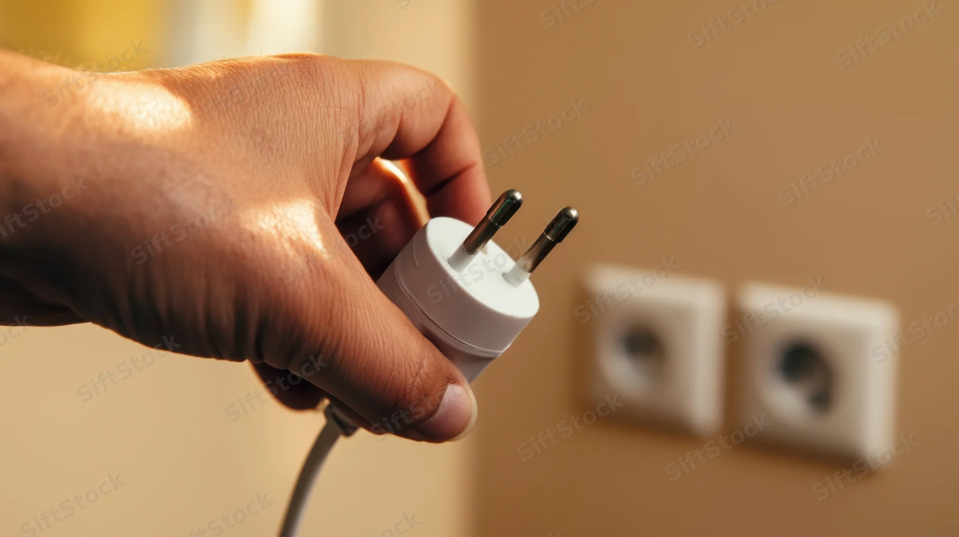Hand holding a white electrical plug near a wall socket in a home interior