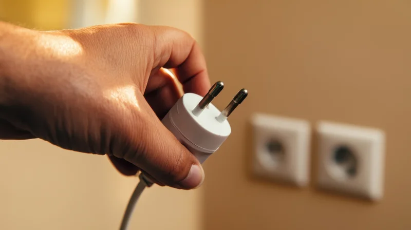 Hand holding a white electrical plug near a wall socket in a home interior