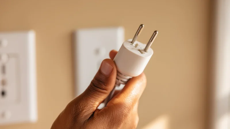 Hand holding a white electrical plug near a wall socket indoors
