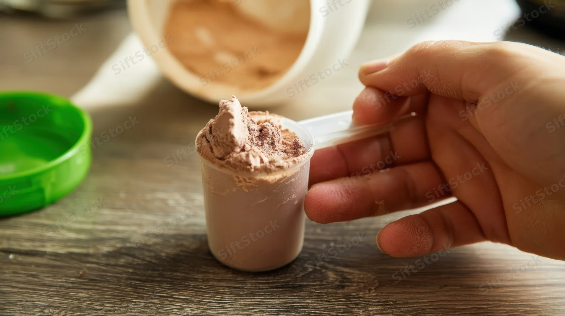 Hand holding a scoop filled with brown protein powder over a wooden table