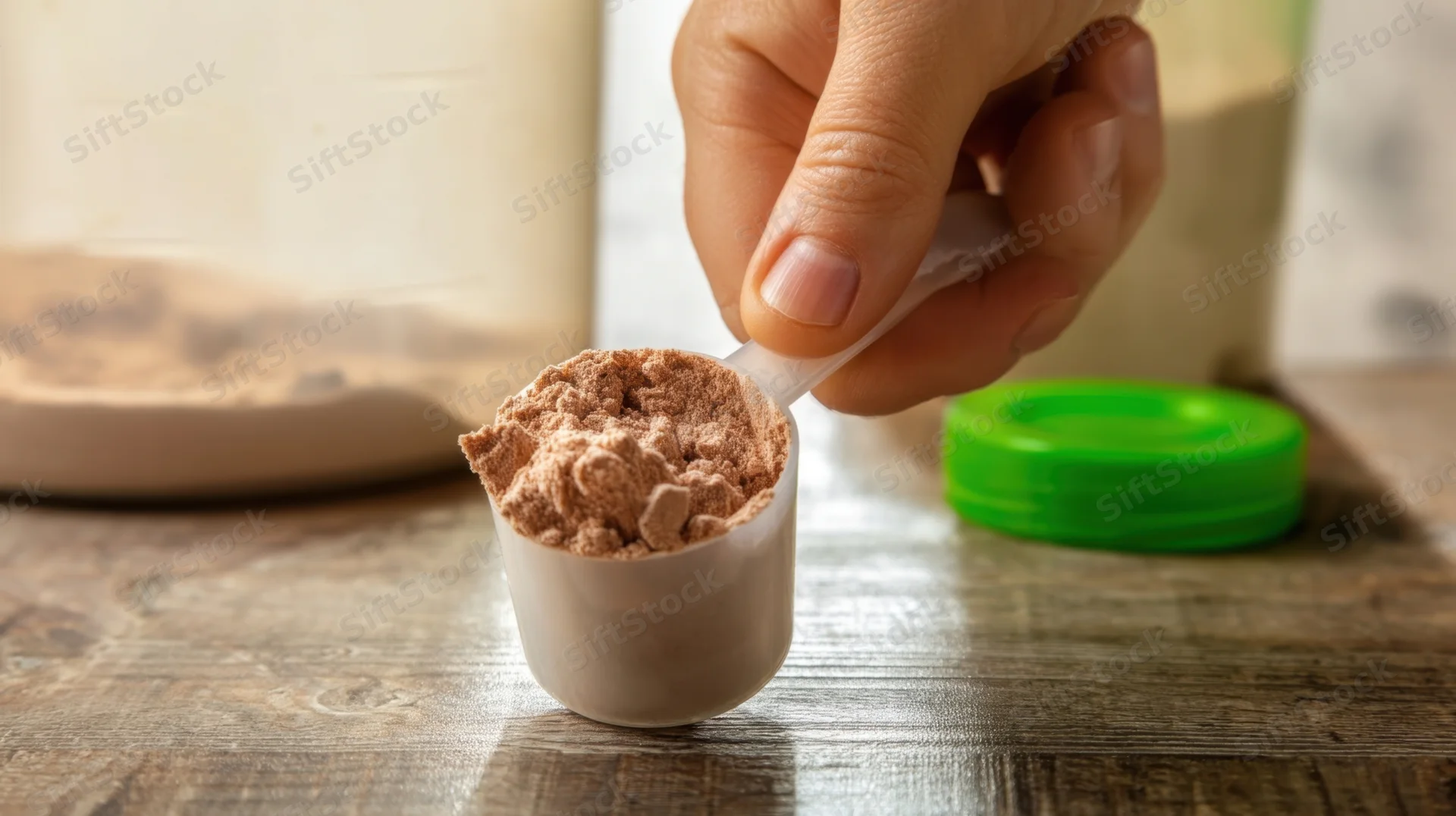 Hand holding a scoop filled with brown protein powder over a wooden table
