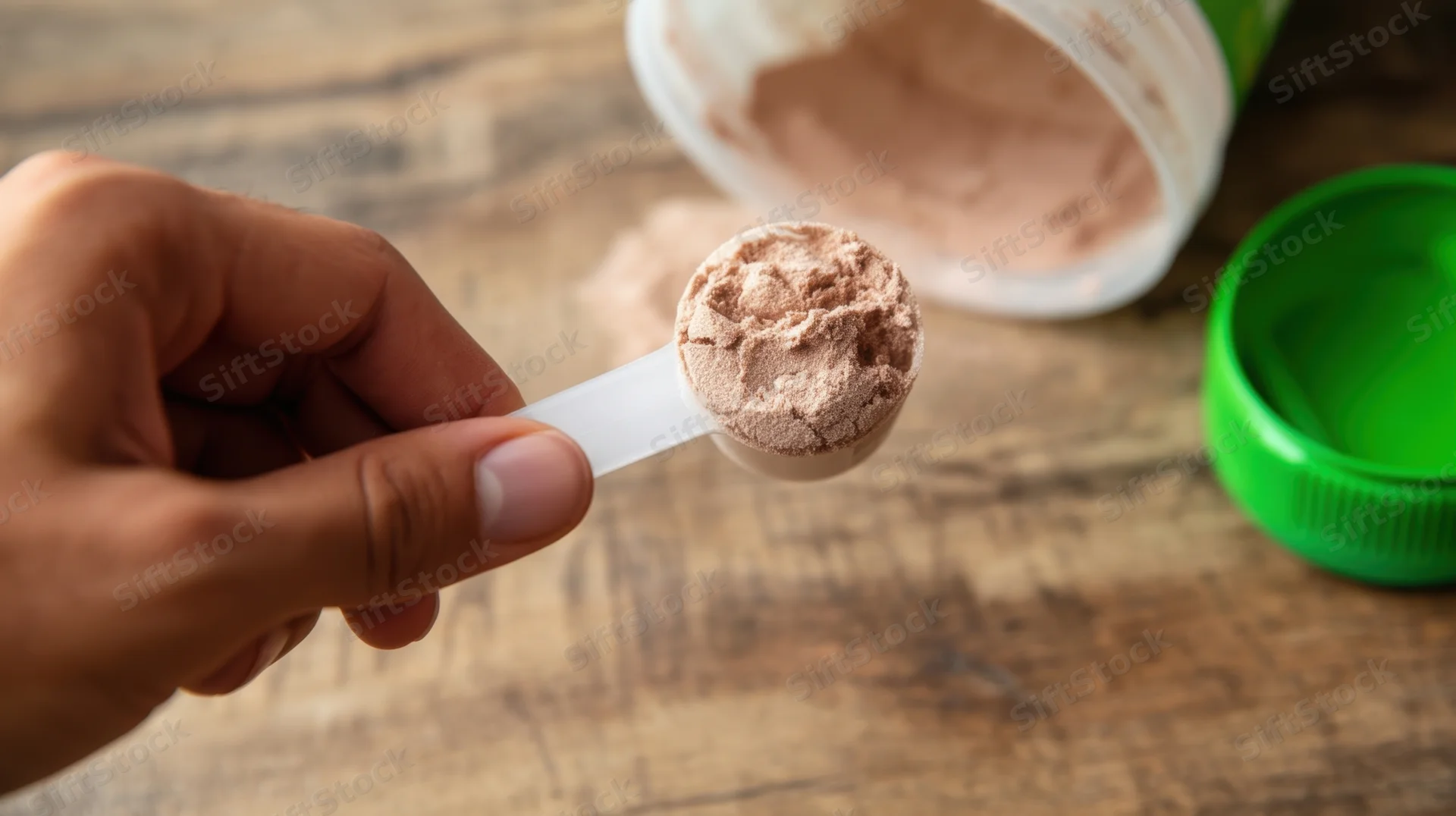 Hand holding a scoop of protein powder over a wooden table with container and green lid nearby