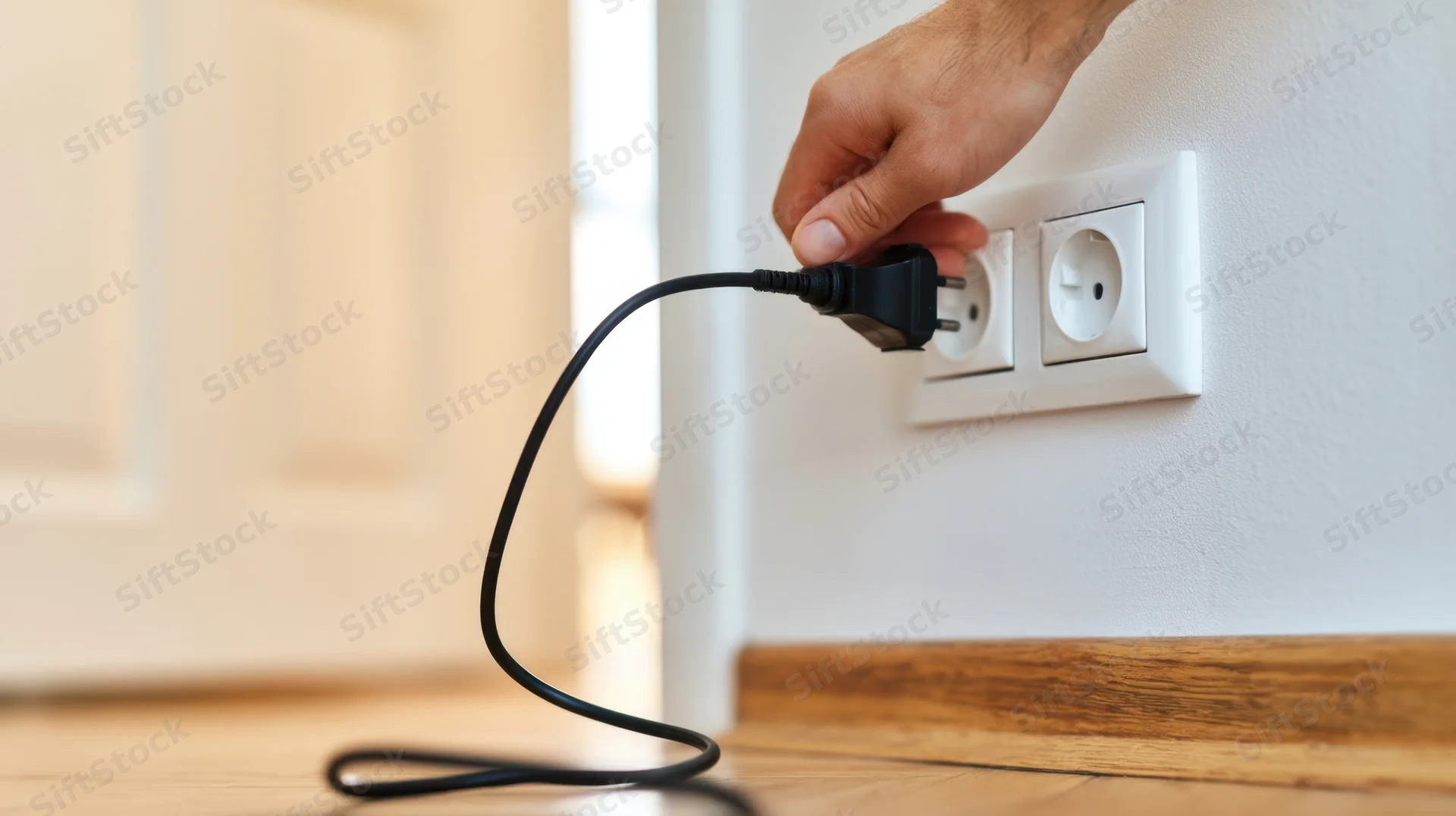 Hand inserting black plug into white wall socket in home interior