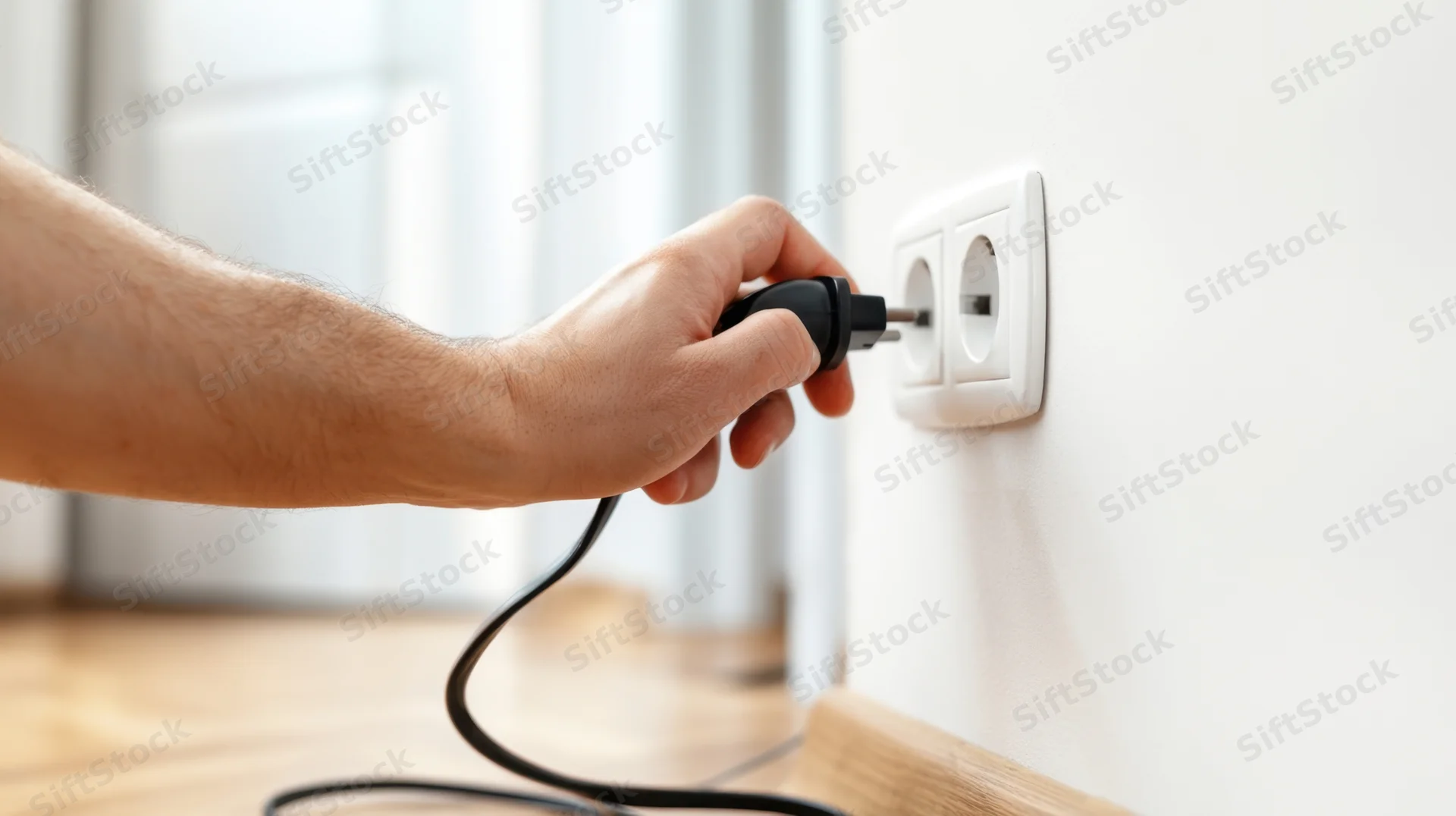 Hand inserting black plug into white wall socket in home interior
