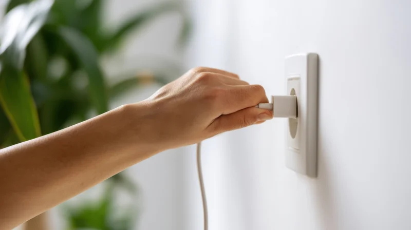 Hand inserting a white plug into a wall socket indoors